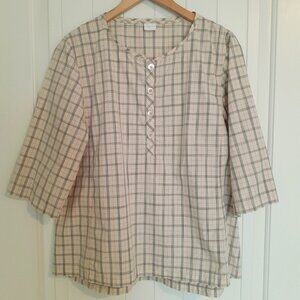 Poetry Cotton/Silk Blend Plaid 3/4 Sleeve Trapeze Popover Top Cream Size 8